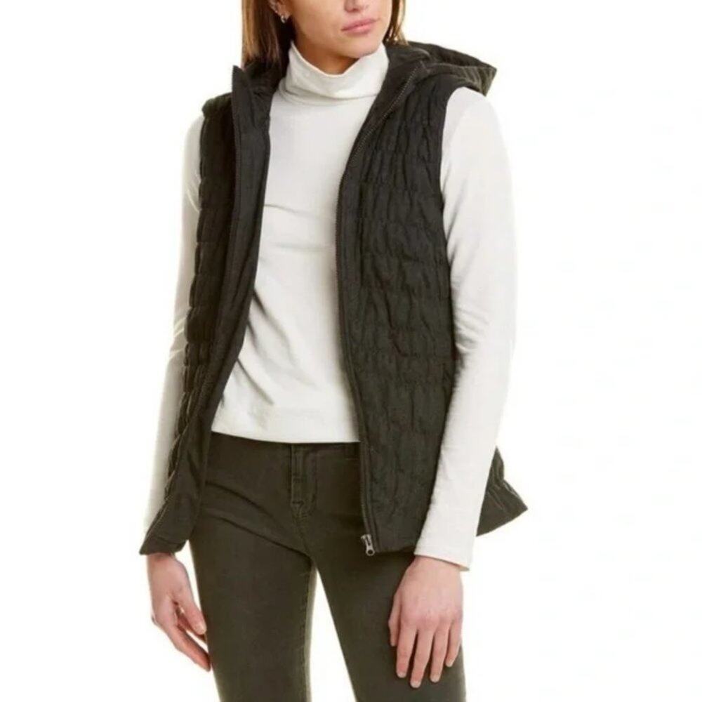 Avec Les Filles Quilted Knit Membrane Hooded Vest in Charcoal Grey Size Small